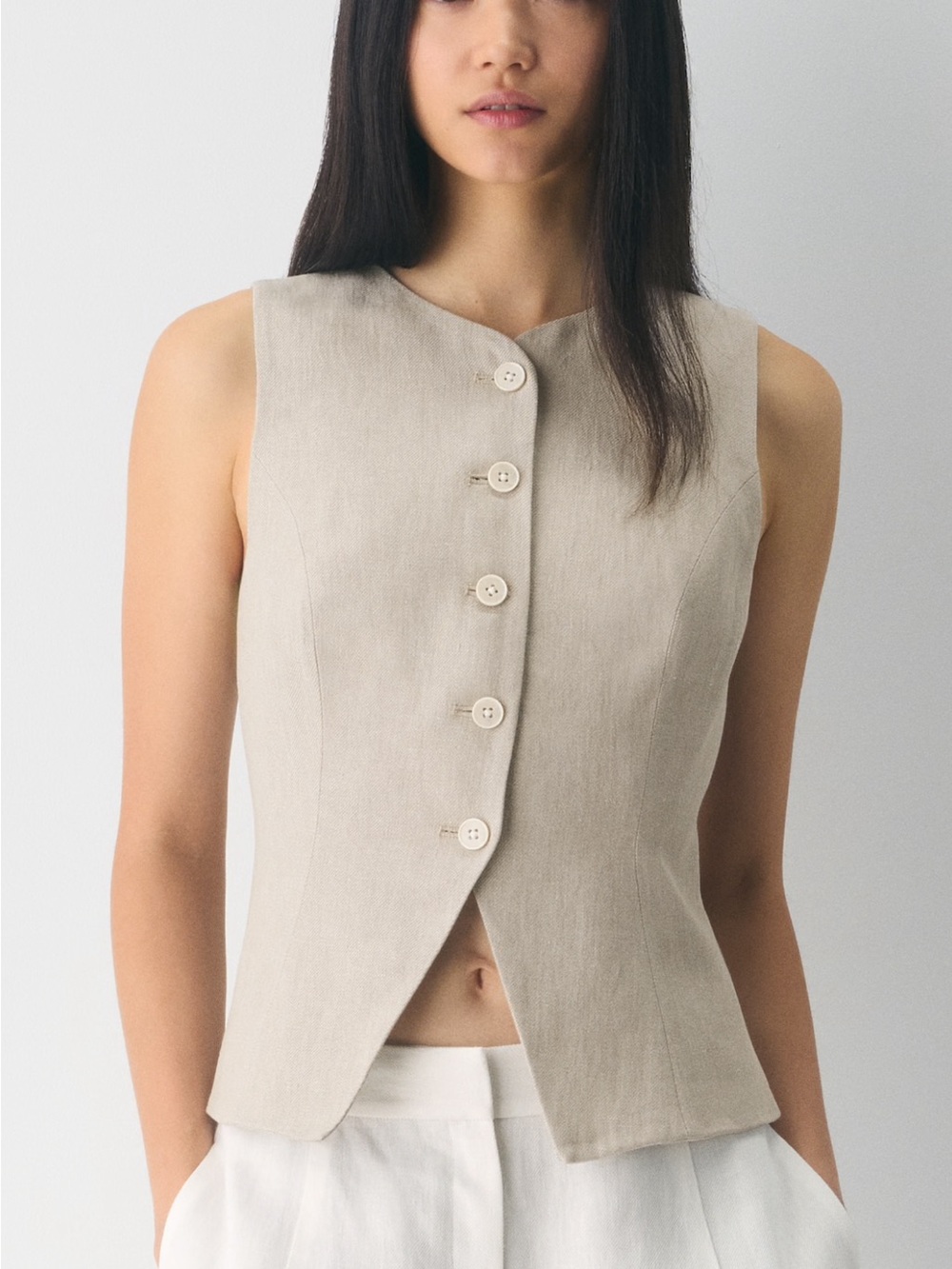 Aritzia power linen Sleeveless Button Front Vest color undyed dark ecru 10